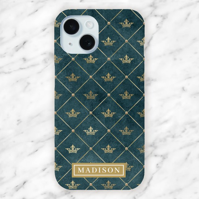 Green and Gold Queen Crown Pattern Custom Name Case-Mate iPhone Case (Creator Uploaded)