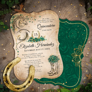 Green and Gold Quinceañera Rustic Horse Birthday Invitation