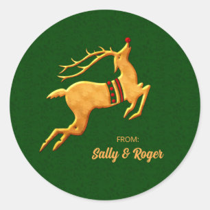 Green and Gold Reindeer on Damask Classic Round Sticker