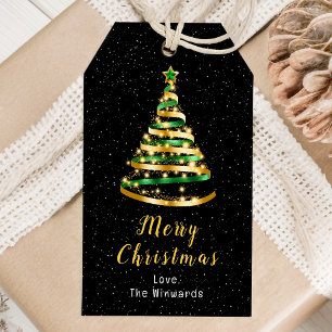 Green and Gold Ribbon Tree Merry Christmas Gift Tags