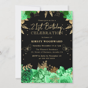 Green and Gold Roses Floral 21st birthday Invitation