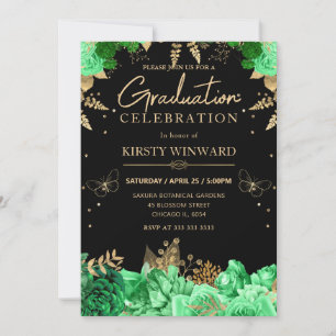Green and Gold Roses Floral Graduation Invitation