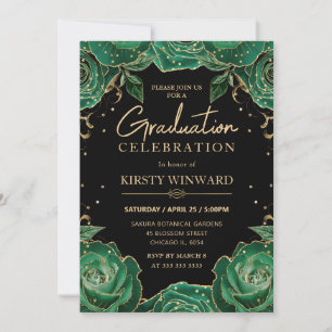 Green and Gold Roses Floral Graduation Invitation