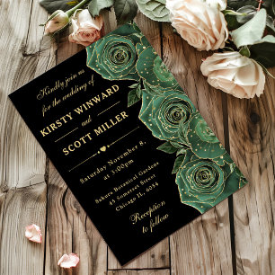 Green and Gold Roses Floral Wedding Invitation