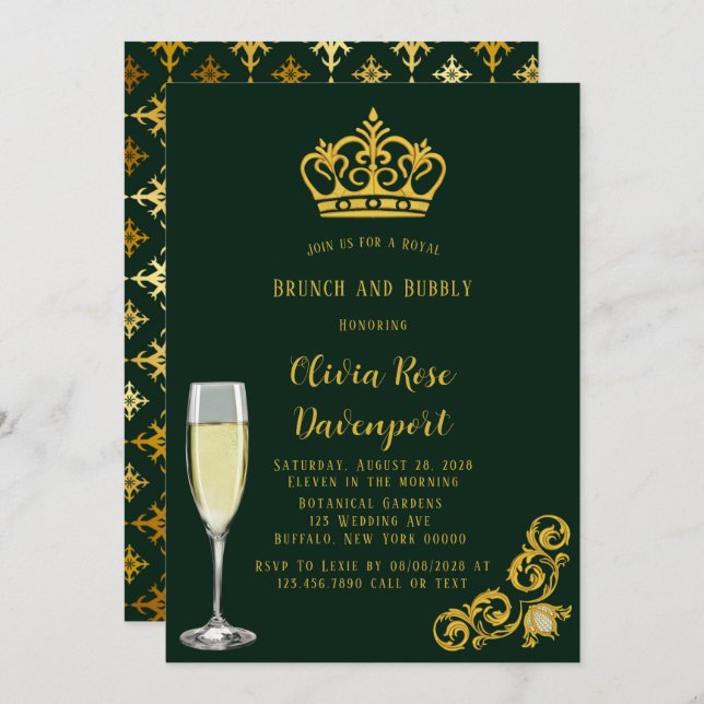 Green and Gold Royal Crown Brunch and Bubbly Invitation (Front/Back)