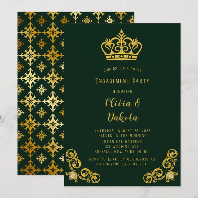 Green and Gold Royal Wedding Engagement Party Invitation (Front/Back)