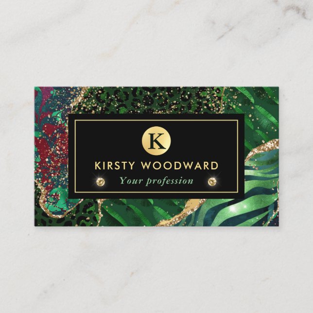 Green and Gold Safari Animal Glitter Agate Business Card (Front)