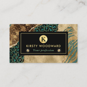 Green and Gold Safari Animal Glitter Agate Business Card