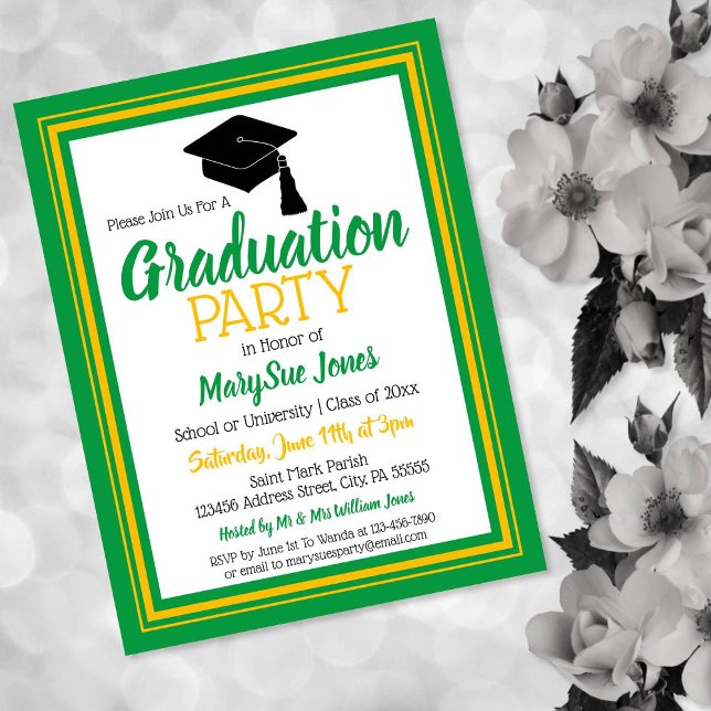 Green and Gold School Colours Grad Party Invitation Postcard (Creator Uploaded)