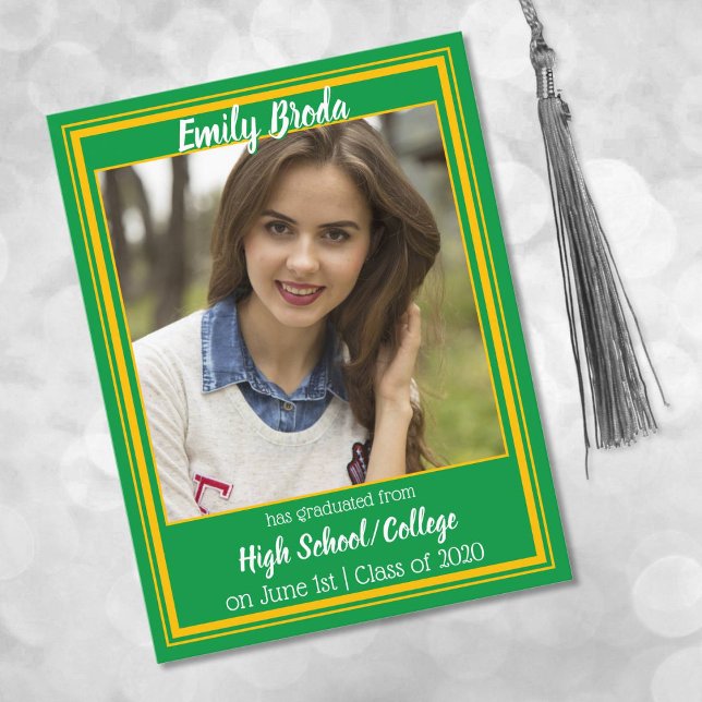 Green and Gold School Colours Photo Graduation Announcement Postcard (Creator Uploaded)