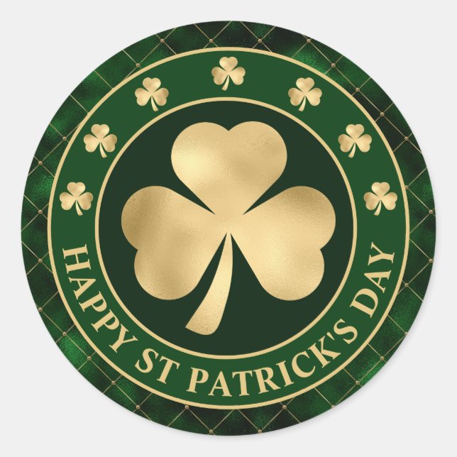 Green and Gold Shamrock Clover St Patrick's Day Classic Round Sticker (Front)