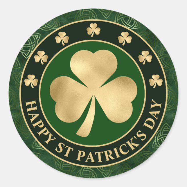Green and Gold Shamrock Clover St Patrick's Day Classic Round Sticker (Front)