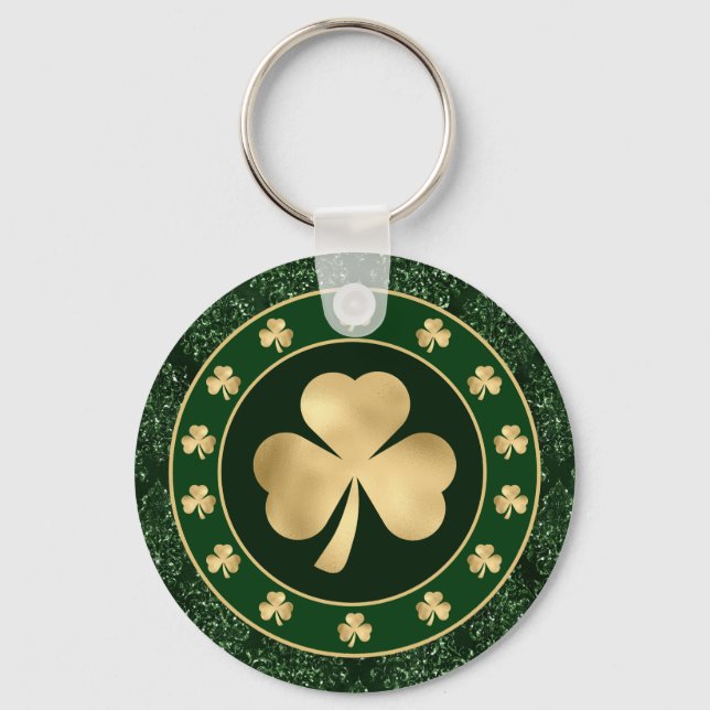 Green and Gold Shamrock Clover St Patrick's Day Key Ring (Front)