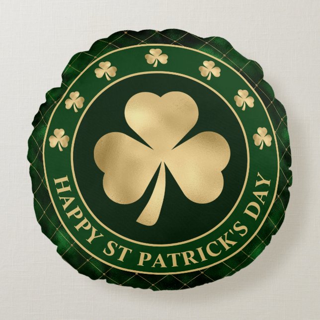 Green and Gold Shamrock Clover St Patrick's Day Round Cushion (Front)