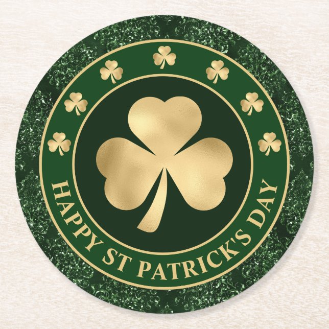 Green and Gold Shamrock Clover St Patrick's Day Round Paper Coaster (Front)