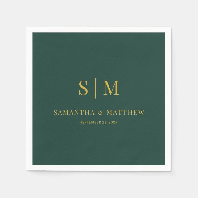 Green and Gold Simple Couple Initials Wedding Napkin (Front)