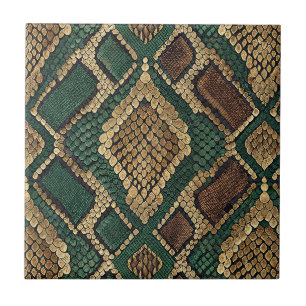 Green and Gold Snake Skin Pattern - Animal Print Tile