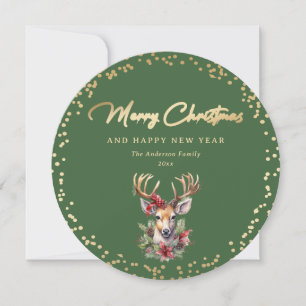 Green and Gold Snow Deer Merry Christmas Holiday Card