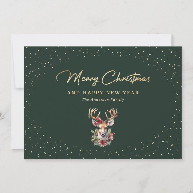 Green and Gold Snow Reindeer Holiday Card (Front)