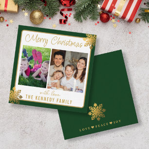 Green And Gold Snowflake 2 Photo Mini Christmas Card