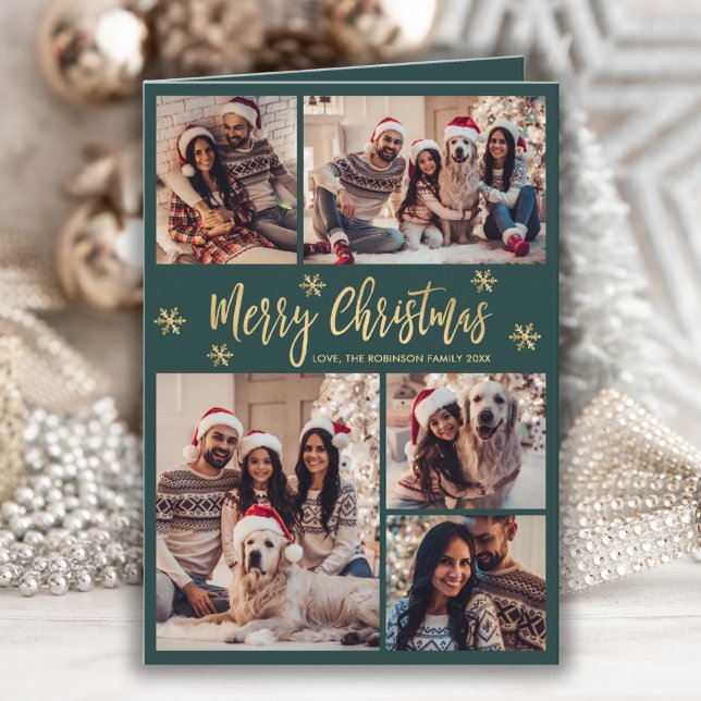 Green and Gold Snowflake 6 Photo Collage Christmas Holiday Card (Creator Uploaded)