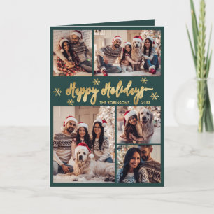 Green and Gold Snowflake 6 Photo Collage Happys Holiday Card