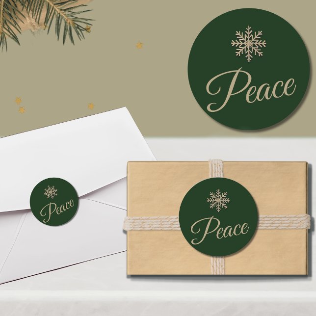 Green and Gold Snowflake Peace Holiday Classic Round Sticker (Creator Uploaded)