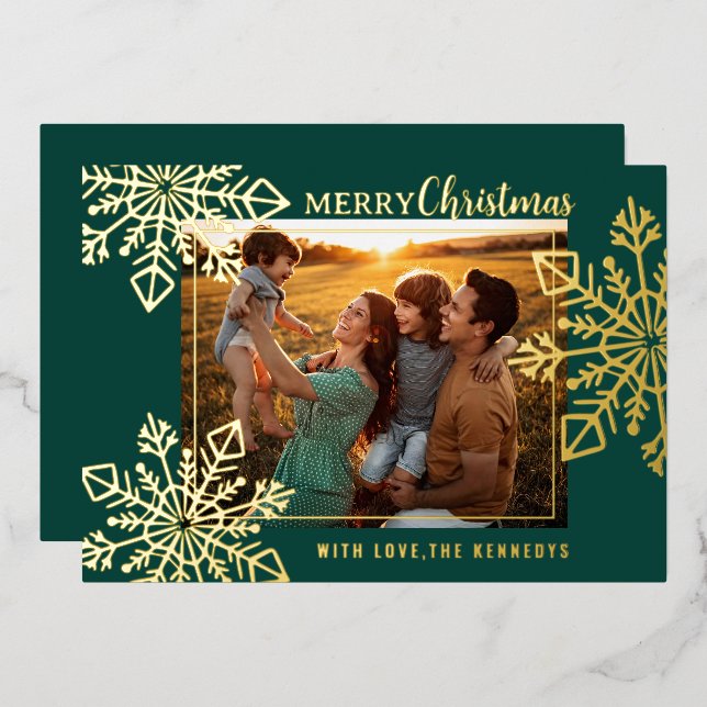 Green And Gold Snowflakes Merry Christmas Photo   Foil Holiday Card (Front/Back)