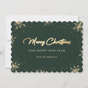Green and Gold Sparkling Snowflakes Holiday Card