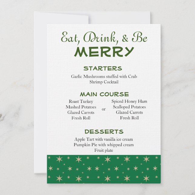 Green and Gold Stars Christmas Menu Invitation (Front)