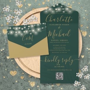 Green And Gold String Lights QR Code Wedding  All In One Invitation