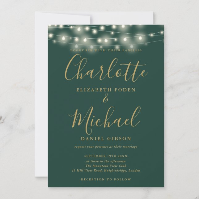 Green And Gold String Lights Script Photo Wedding  Invitation (Front)