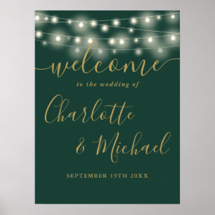 Green And Gold String Lights Wedding Welcome Sign