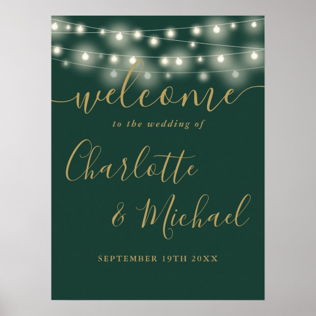 Green And Gold String Lights Wedding Welcome Sign (Front)