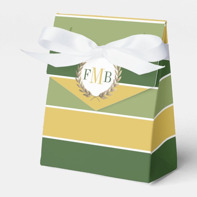 Green and gold stripes and monogram wedding favour box (Front Side)