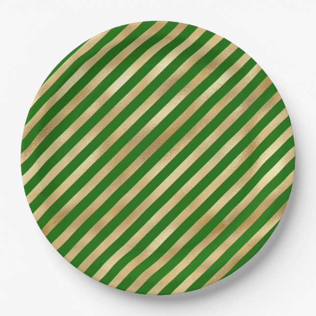 Green and Gold Stripes Festive Paper Plates (Front)