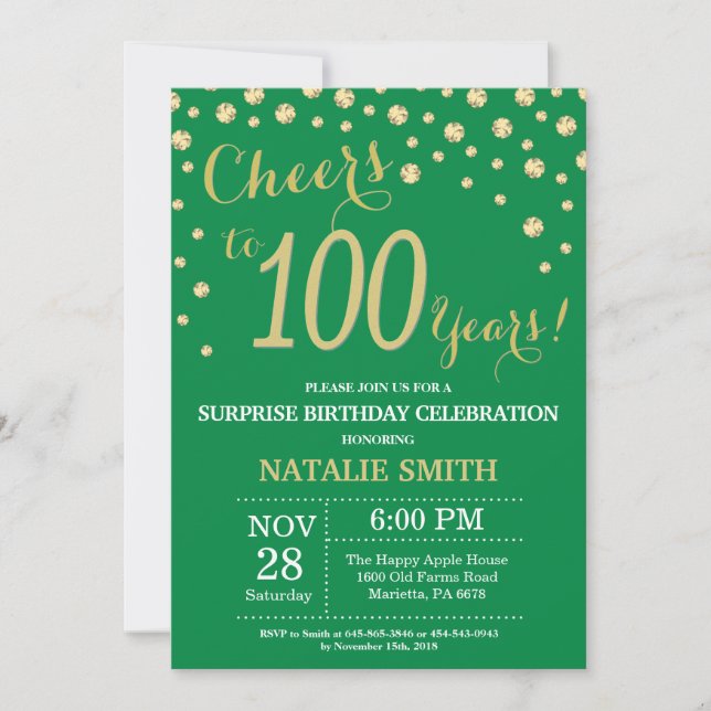 Green and Gold Surprise 100th Birthday Diamond Invitation (Front)