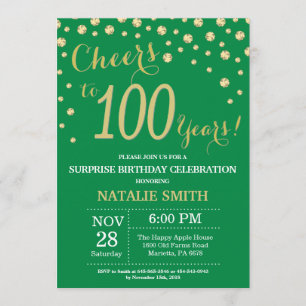 Green and Gold Surprise 100th Birthday Diamond Invitation