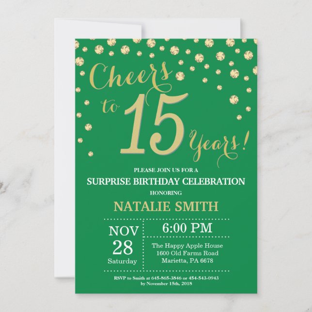 Green and Gold Surprise 15th Birthday Diamond Invitation (Front)