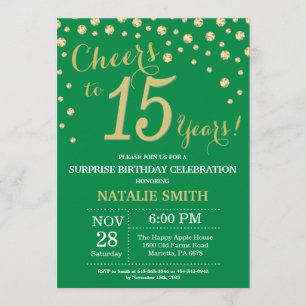 Green and Gold Surprise 15th Birthday Diamond Invitation