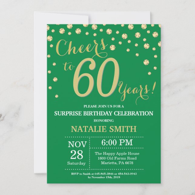 Green and Gold Surprise 60th Birthday Diamond Invitation (Front)
