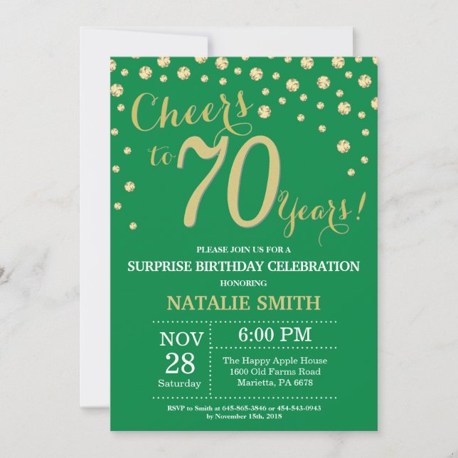 Green and Gold Surprise 70th Birthday Diamond Invitation (Front)