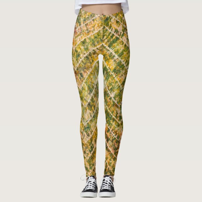 Green and Gold Tie Dye Chevron Pattern Leggings (Front)