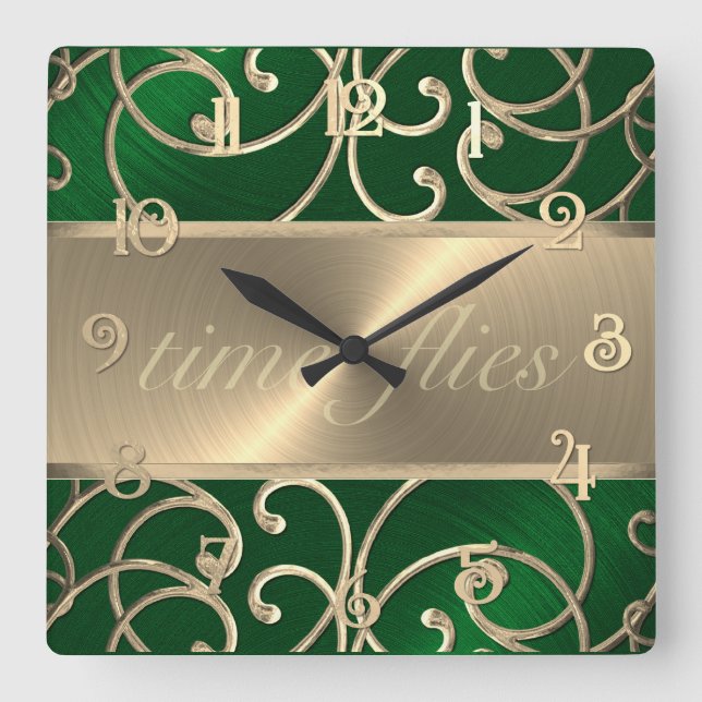 Green and Gold Time Flies Clock (Front)