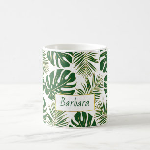 Green and gold tropical leaves and name coffee mug