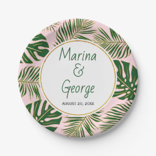 Green and gold tropical leaves blush pink wedding paper plate