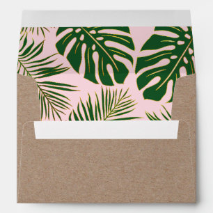 Green and gold tropical leaves pink rustic wedding envelope