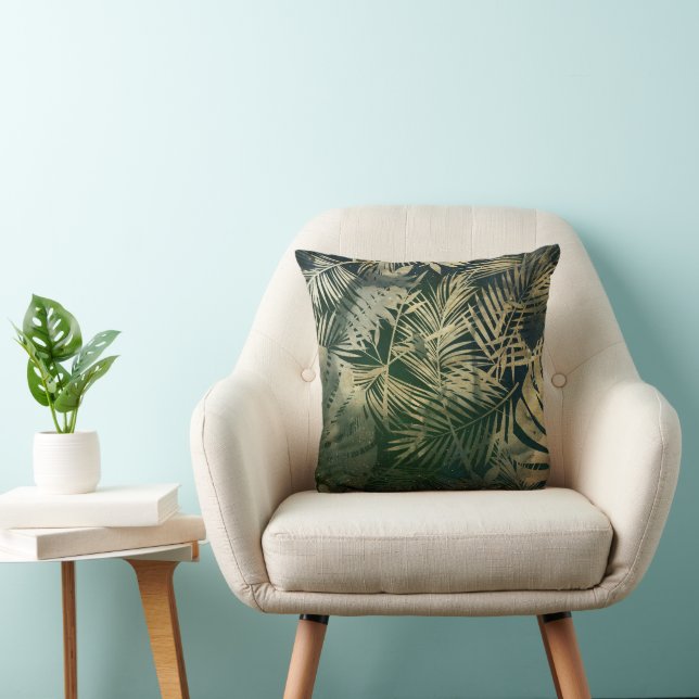 Green and Gold Tropical Palm Leaves Cushion (Chair)