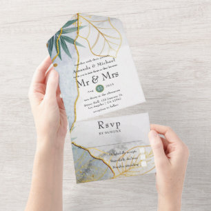 Green and Gold Tropical Wedding All In One Invitation