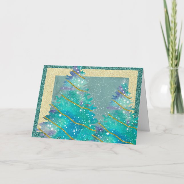 Green and Gold Unique Glittering Christmas Trees  Holiday Card (Front)
